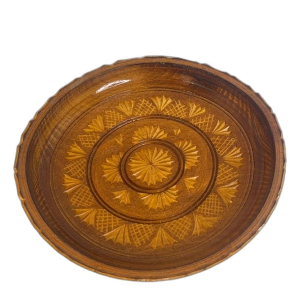 Hand Carved Decorative Wooden Shallow Bowl Bread Plate Folk Art Wall Decor